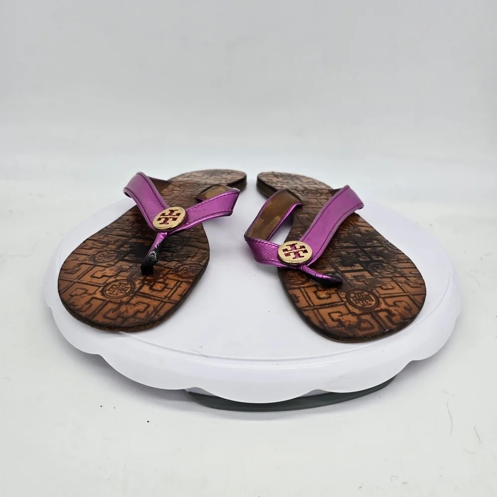 Tory Burch Metallic Purple Logo Flip Flops